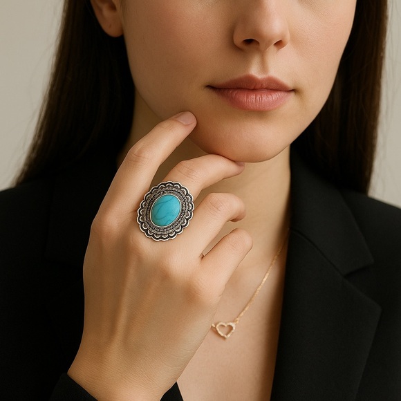 Boho Western-Style Turquoise Statement Ring – Adjustable Concho Design - Picture 1 of 5